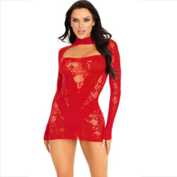 Leg Avenue - Mini Robe Avec Dentelle Manches Longues Rouge